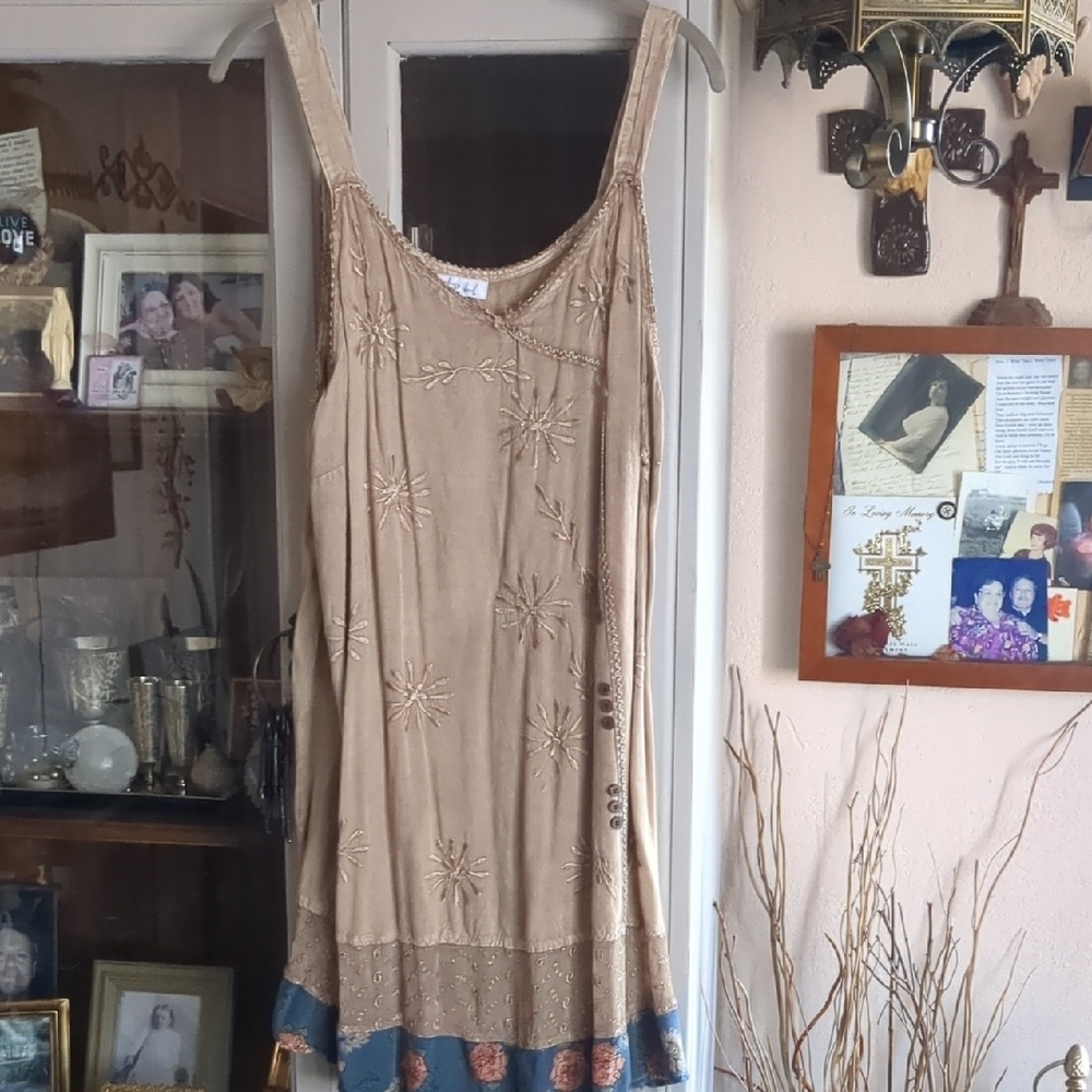 daisy island Embroidered Tan Mini Dress